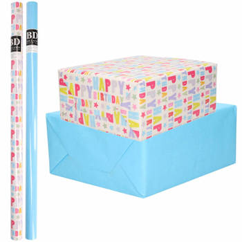 8x Rollen kraft inpakpapier happy birthday pakket - blauw 200 x 70 cm - Cadeaupapier