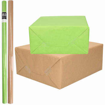 4x Rollen kraft inpakpapier/kaftpapier pakket bruin/groen 200 x 70 cm - Cadeaupapier
