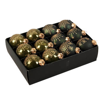 24x stuks luxe glazen gedecoreerde kerstballen donkergroen 7,5 cm - Kerstbal