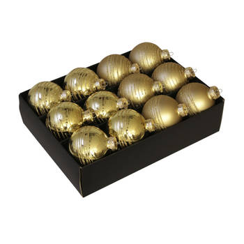 12x stuks luxe glazen gedecoreerde kerstballen goud 7,5 cm - Kerstbal