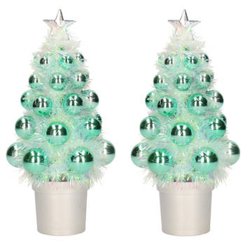 2x Mini kunst kerstboompje mint groen met kerstballen 19 cm - Kunstkerstboom