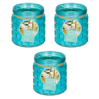 3x citronella kaarsen - glazen pot - 12 cm - blauw - geurkaarsen