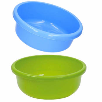 Set van 2 ronde afwasteiltjes 9 liter in de kleuren blauw en groen 36 x 13 cm - Afwasbak