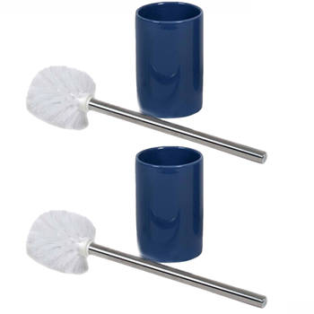 2x stuks wc/toiletborstels inclusief houders blauw/zilver 37 cm van RVS/keramiek - Toiletborstels