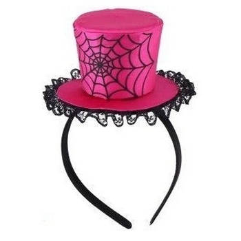 Halloween Roze verkleed haarband met mini hoed met spinnenweb voor dames - Verkleedhoofddeksels