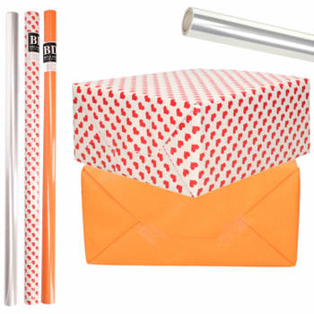 6x Rollen kraft inpakpapier transparante folie/hartjes pakket - oranje/harten design 200 x 70 cm - Cadeaupapier