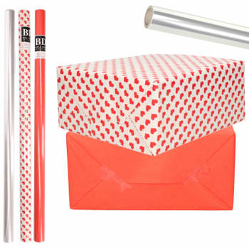 6x Rollen kraft inpakpapier transparante folie/hartjes pakket - rood/harten design 200 x 70 cm - Cadeaupapier