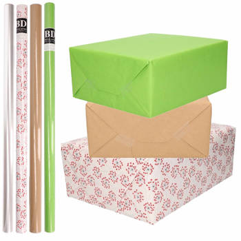 8x Rollen transparant folie/inpakpapier pakket - groen/bruin/wit met hartjes 200 x 70 cm - Cadeaupapier