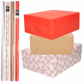 8x Rollen transparant folie/inpakpapier pakket - rood/bruin/wit met hartjes 200 x 70 cm - Cadeaupapier