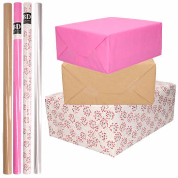 8x Rollen transparant folie/inpakpapier pakket - roze/bruin/wit met hartjes 200 x 70 cm - Cadeaupapier