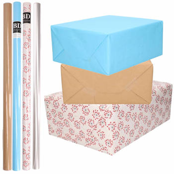 8x Rollen transparant folie/inpakpapier pakket - blauw/bruin/wit met hartjes 200 x 70 cm - Cadeaupapier