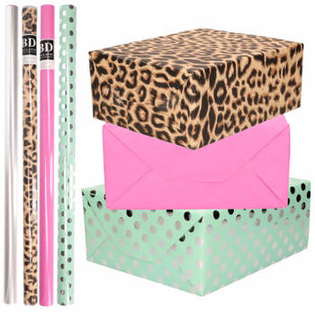 8x Rollen transparante folie/inpakpapier pakket - panterprint/roze/groen met stippen 200 x 70 cm - Cadeaupapier
