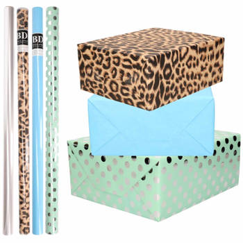 8x Rollen transparante folie/inpakpapier pakket - panterprint/blauw/groen met stippen 200 x 70 cm - Cadeaupapier