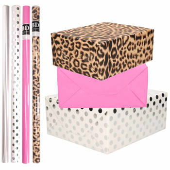 8x Rollen transparante folie/inpakpapier pakket - panterprint/roze/wit met stippen 200 x 70 cm - Cadeaupapier