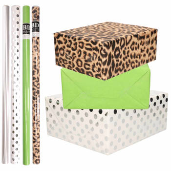 8x Rollen transparante folie/inpakpapier pakket - panterprint/groen/wit met stippen 200 x 70 cm - Cadeaupapier
