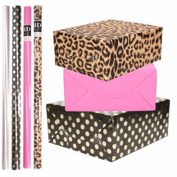 8x Rollen transparante folie/inpakpapier pakket - panterprint/roze/zwart met stippen 200 x 70 cm - Cadeaupapier
