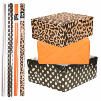 8x Rollen transparante folie/inpakpapier pakket - panterprint/oranje/zwart met stippen 200 x 70 cm - Cadeaupapier