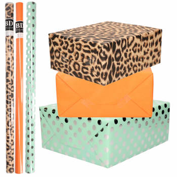 6x Rollen kraft inpakpapier/folie pakket - panterprint/oranje/mintgroen zilver stippen 200 x 70 cm - Cadeaupapier