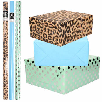 6x Rollen kraft inpakpapier/folie pakket - panterprint/blauw/groen zilveren stippen 200 x 70 cm - Cadeaupapier