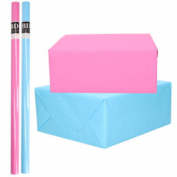 4x Rollen kraft inpakpapier pakket roze en blauw babyshower/geboorte/gender reveal 200 x 70 cm - Cadeaupapier