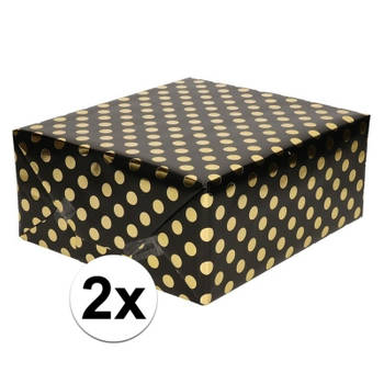 2x Zwart folie geschenkpapier gouden stip 200 x 70 cm - Cadeaupapier