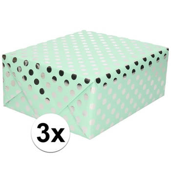 3x Mint groene folie geschenkpapier zilveren stip 200 x 70 cm - Cadeaupapier