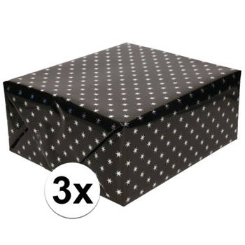 3x Cadeaupapier holografisch zwart met zilveren sterretjes print 150 cm per rol - Cadeaupapier