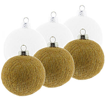 6x Wit/gouden Cotton Balls kerstballen decoratie 6,5 cm - Kerstbal