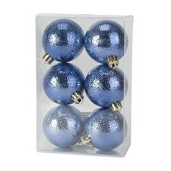 6x Kunststof kerstballen cirkel motief donkerblauw 6 cm kerstboom versiering/decoratie - Kerstbal