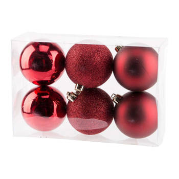 12x Donkerrode kerstballen 8 cm kunststof mat/glans/glitter - Kerstbal
