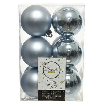 12x Kunststof kerstballen glanzend/mat lichtblauw 6 cm kerstboom versiering/decoratie - Kerstbal