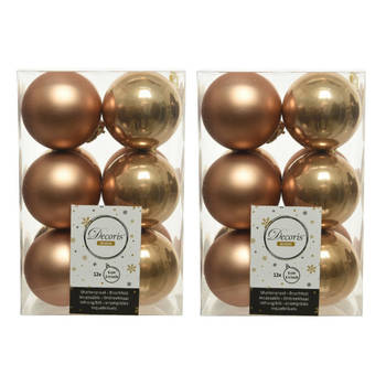 24x Kunststof kerstballen glanzend/mat camel bruin 6 cm kerstboom versiering/decoratie - Kerstbal