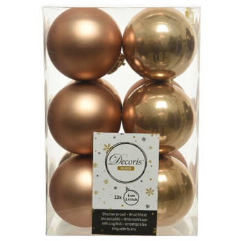 12x Kunststof kerstballen glanzend/mat camel bruin 6 cm kerstboom versiering/decoratie - Kerstbal