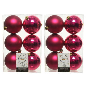 12x Kunststof kerstballen glanzend/mat bessen roze 8 cm kerstboom versiering/decoratie - Kerstbal