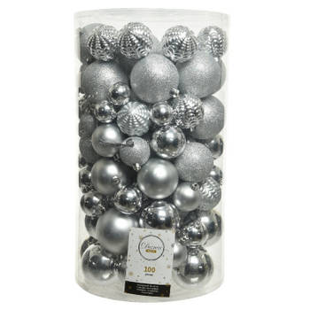 Decoris 100x stuks kunststof kerstballen zilver 4-5-6-7-8 cm - Kerstbal