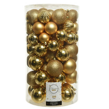 Decoris 100x stuks kunststof kerstballen goud 4, 5, 6, 7 en 8 cm - Kerstbal