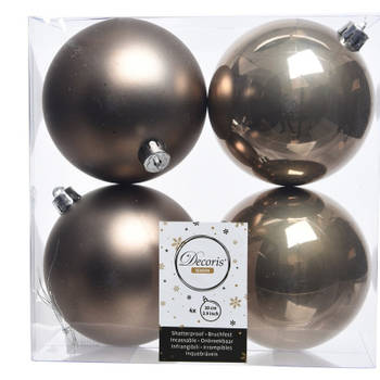 4x Kunststof kerstballen glanzend/mat Kasjmier bruin 10 cm kerstboom versiering/decoratie - Kerstbal
