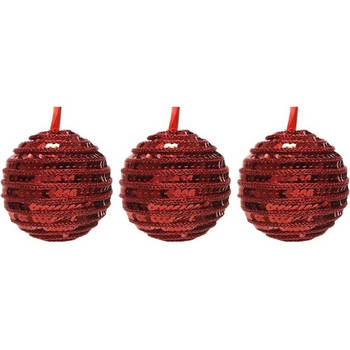 3x Kunststof kerstballen kerst rood 8 cm pailletten kerstboom versiering/decoratie - Kerstbal