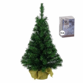 Volle mini kerstboom/kunstboom groen 45 cm inclusief helder witte kerstverlichting - Kunstkerstboom