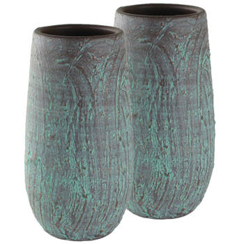Set van 2x stuks hoge bloempotten/plantenpotten vaas van keramiek antiek brons D17 en H30 cm - Vazen