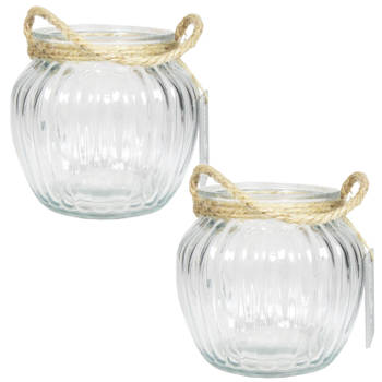2x stuks glazen ronde windlichten Ribbel 2 liter met touw hengsel/handvat 15 x 14,5 cm - Vazen