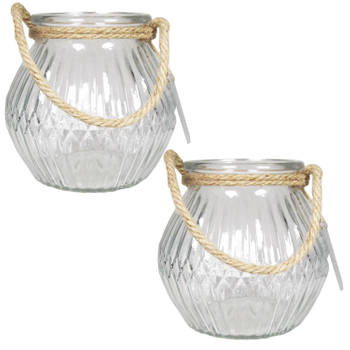 2x stuks glazen ronde windlichten Crystal 2,5 liter met touw hengsel/handvat 16 x 14,5 cm - Vazen
