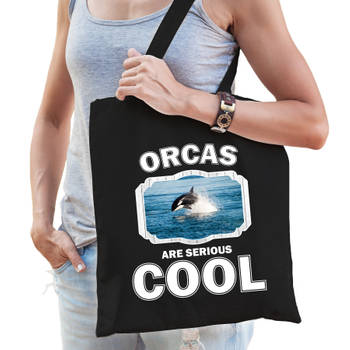 Katoenen tasje orcas are serious cool zwart - orka vissen/ orka cadeau tas - Feest Boodschappentassen