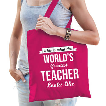 Worlds greatest TEACHER kado tasje voor verjaardag juf roze voor dames - Feest Boodschappentassen