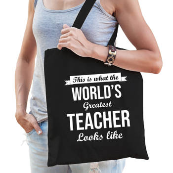 Worlds greatest TEACHER kado tasje voor verjaardag juf zwart voor dames - Feest Boodschappentassen