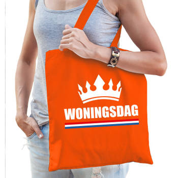 Woningsdag tas / shopper oranje katoen met witte tekst en kroon voor dames - Feest Boodschappentassen