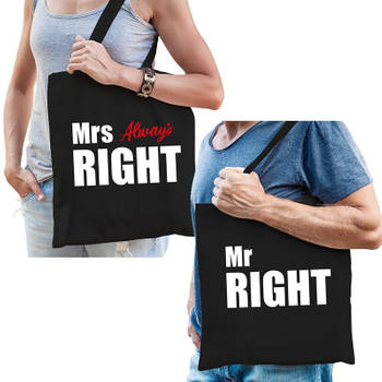 Mrs always right en Mr right kadotassen / shoppers zwart katoen met witte tekst koppels / bruidspaar / echtpaar voor vol