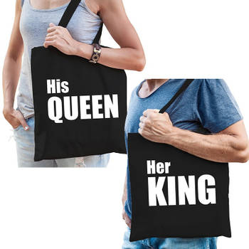 His queen en her king tassen / shoppers zwart katoen met witte tekst koppels / bruidspaar / echtpaar voor volwassenen -