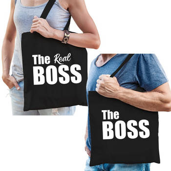 The boss en the real boss kadotassen / shoppers zwart katoen met witte tekst koppels / bruidspaar / echtpaar voor volwas
