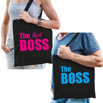 The boss en the real boss kadotassen / shoppers zwart katoen met blauwe / roze tekst koppels / bruidspaar / echtpaar voo